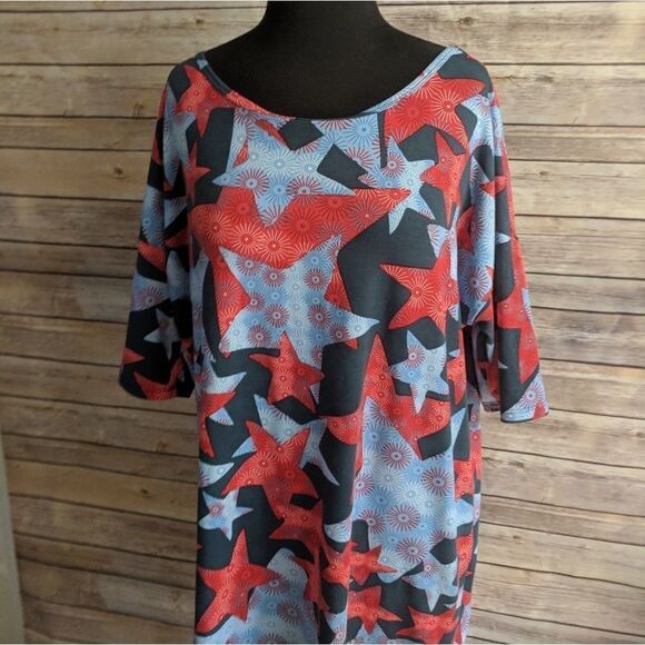 Lularoe Irma Shirt Red White Blue Stars - Picture 2 of 4